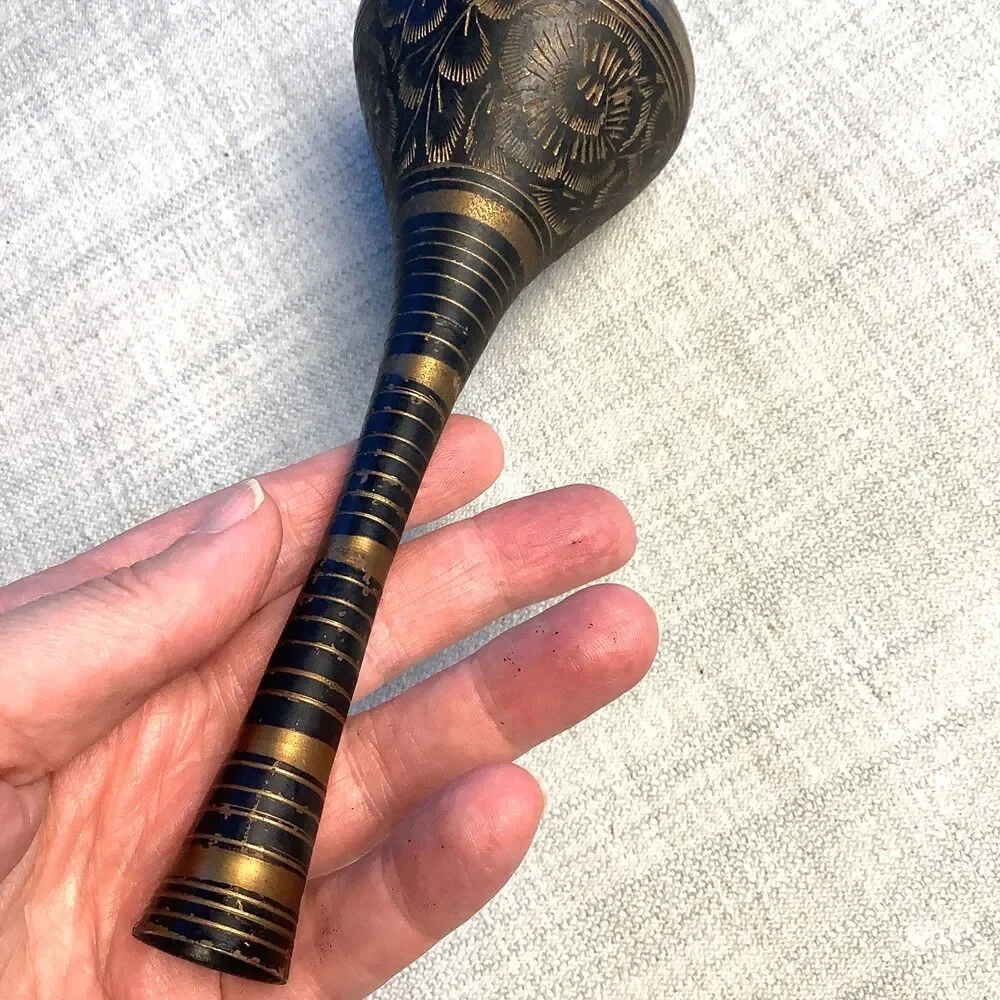 Vintage India Vase Floral Black Metal Gold Tone MCM 7.5 ” Engraved Boho Decor